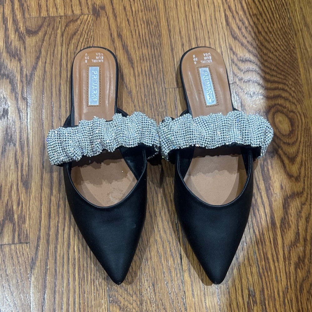 Black Mules with Rhinestone Strap